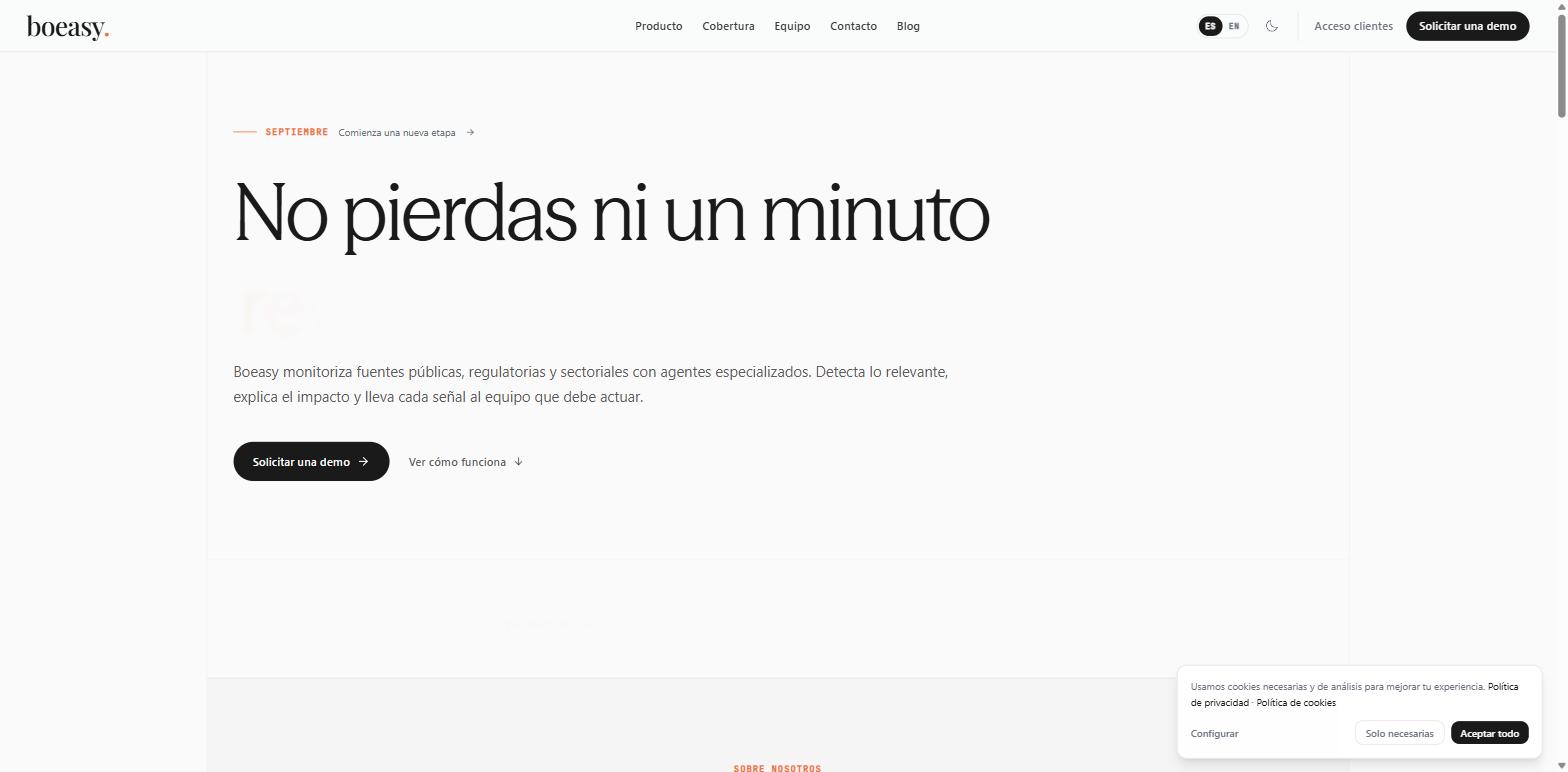 Home de Boeasy, orientada a inteligencia regulatoria para empresas mediante demo