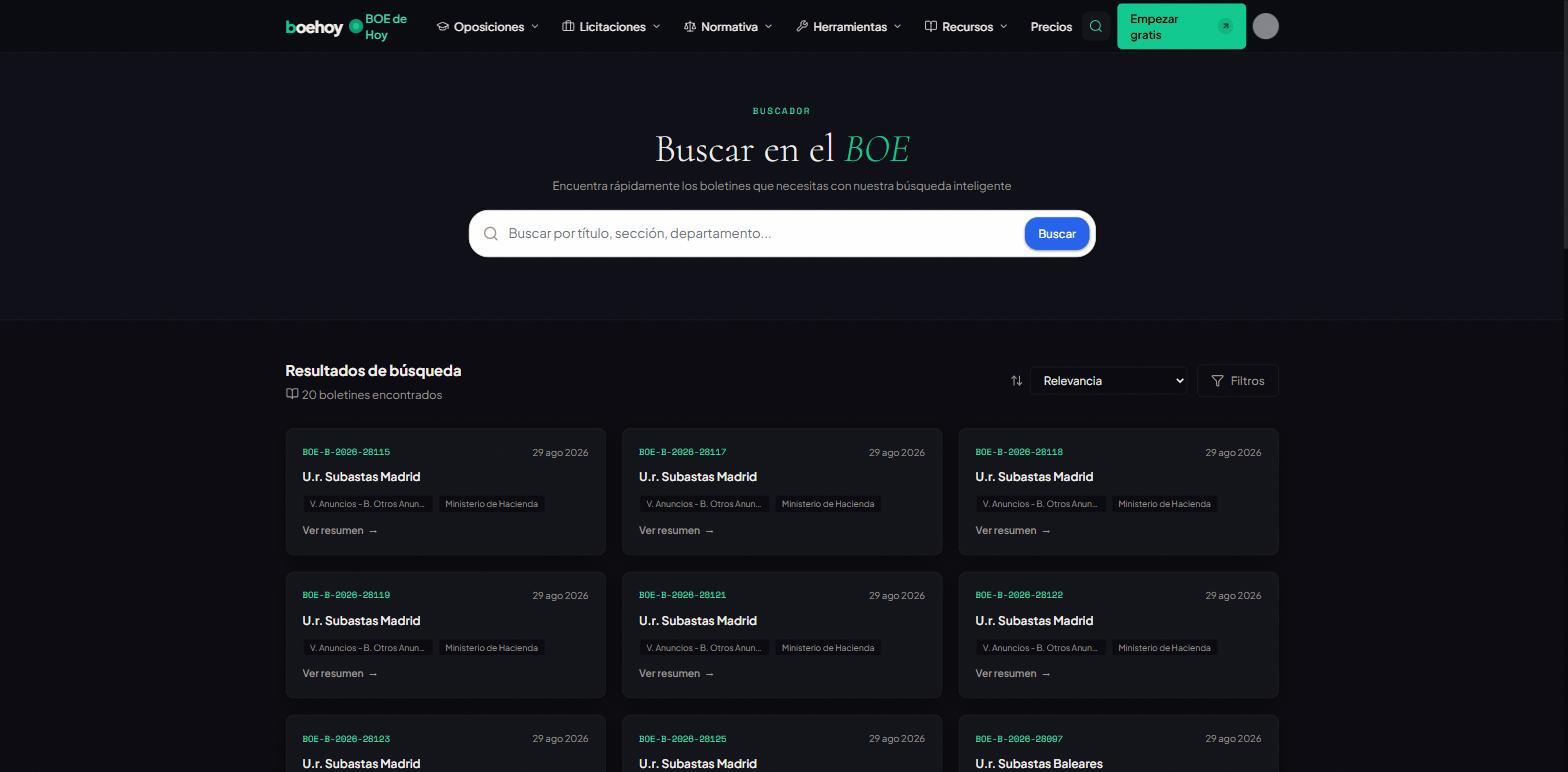 Buscador de BOE Hoy con resultados filtrados por sección y departamento