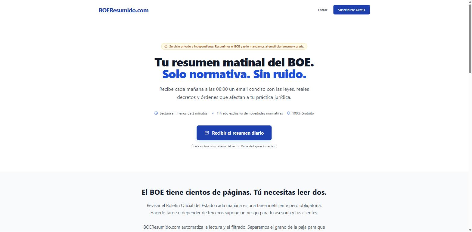 Home de BOEResumido.com: resumen matinal del BOE por email, gratuito